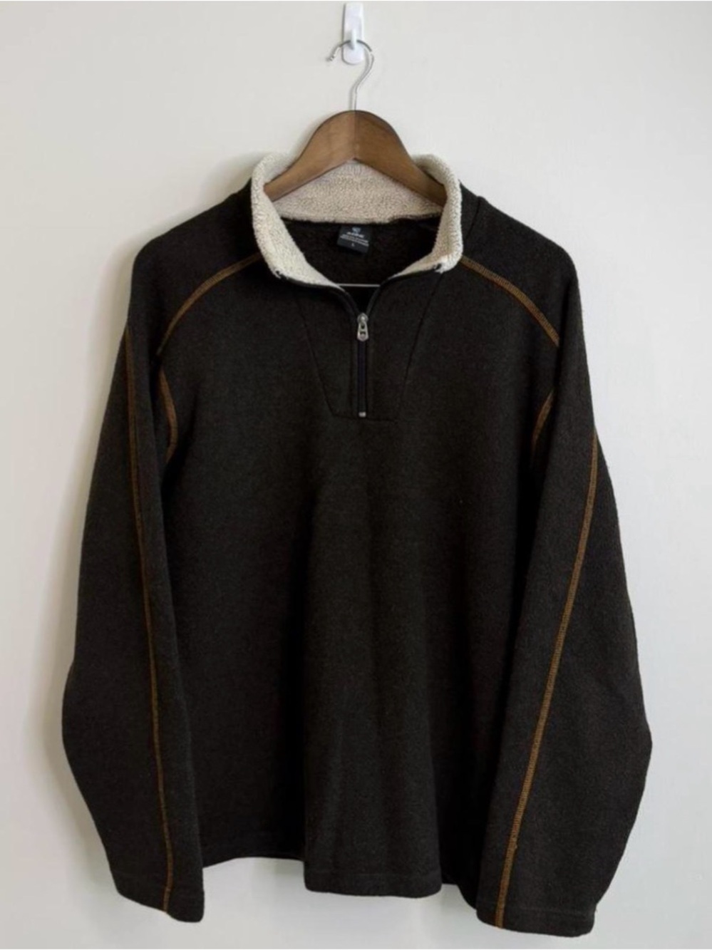 KÜHL Sherpa Collar Quarter Zip Fleece Pullover Sweater Brown with Tan Stitching